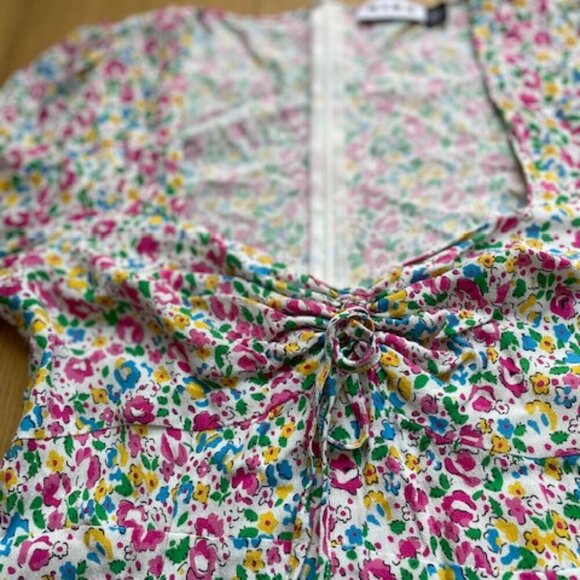 Rixo Larissa Bow Detailed Floral Print Crepe Mini Dress In Pink Size 6 - Picture 5 of 9